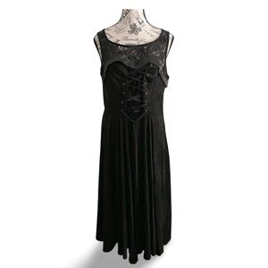 Hearts & Roses Black Lace-Up Midi Dress – Gothic Corset Style – NWT Medium